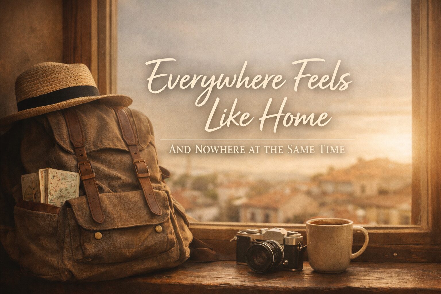 Backpack, camera, and coffee by a window overlooking a city at sunset with text reading “Everywhere Feels Like Home, And Nowhere at the Same Time".